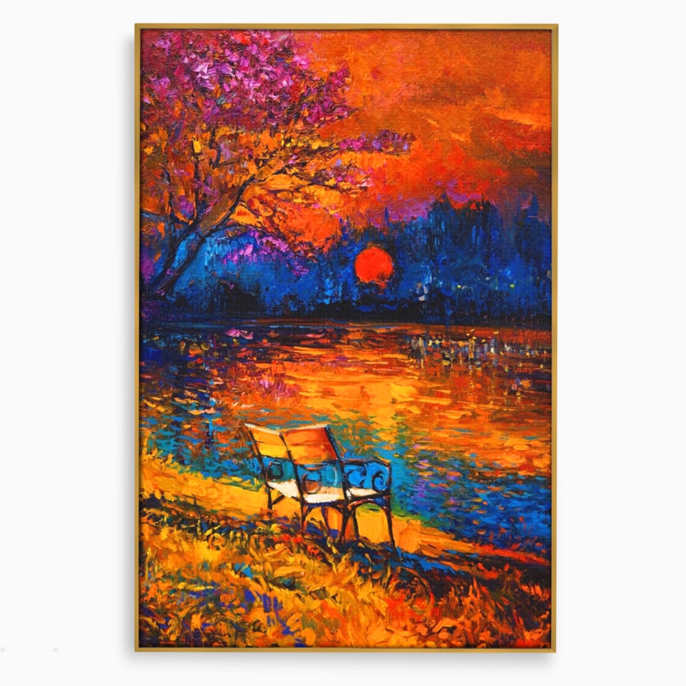 Tablou canvas cu tablou canvas cu peisaj si banca langa lac, in rama de aluminiu auriu