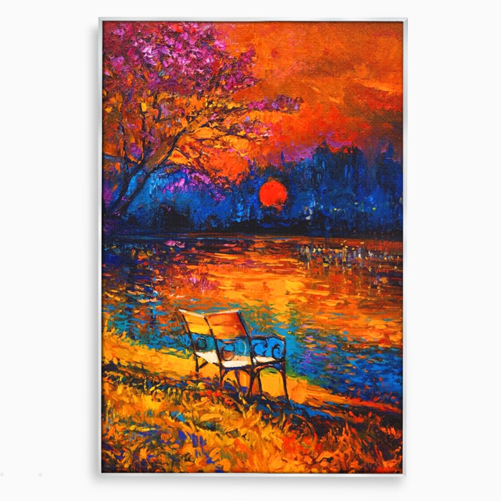Tablou canvas cu tablou canvas cu peisaj si banca langa lac, in rama de aluminiu argintiu