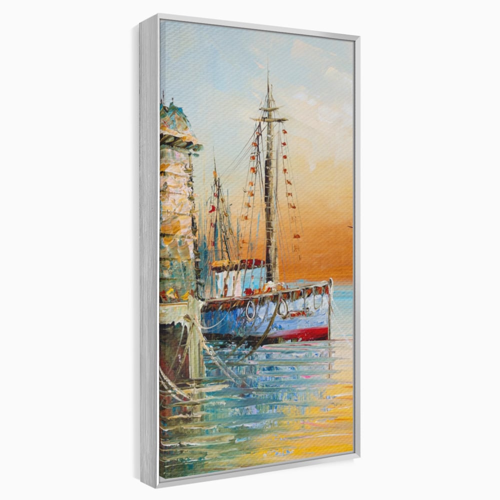 Tablou canvas cu pictura cu barci ancorate in port, in rama de aluminiu argintiu