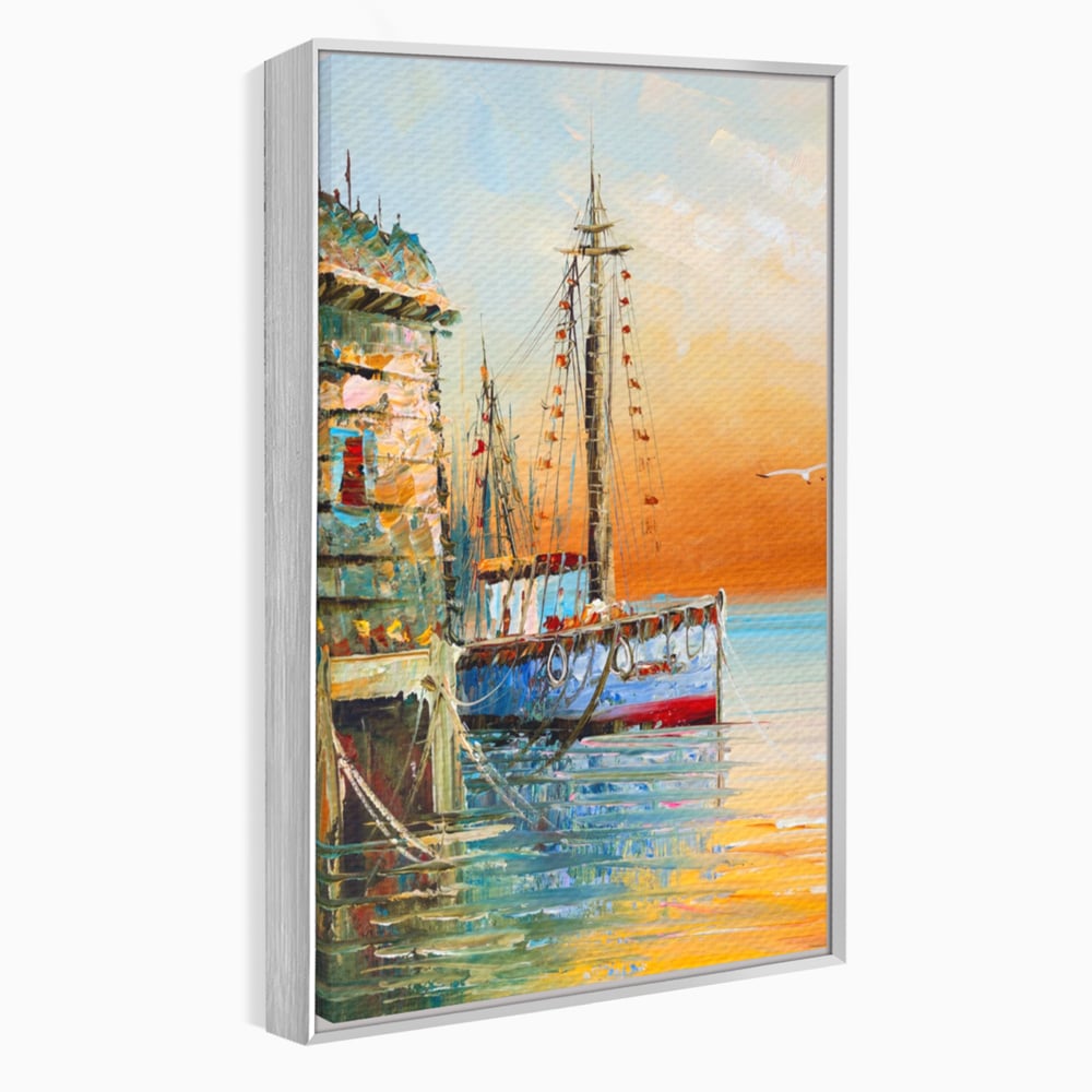 Tablou canvas cu pictura cu barci ancorate in port, in rama de aluminiu argintiu