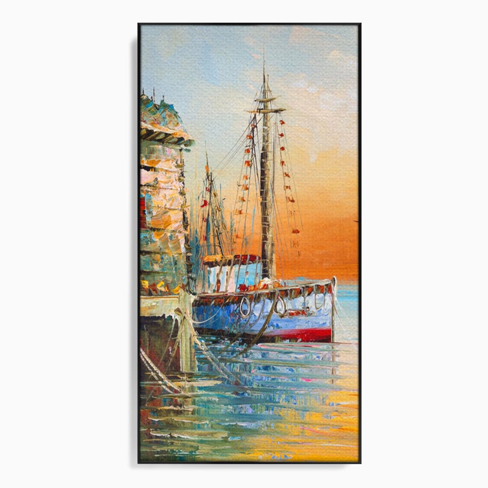 Tablou canvas cu pictura cu barci ancorate in port, in rama de aluminiu negru