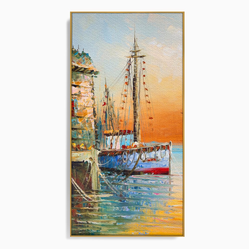 Tablou canvas cu pictura cu barci ancorate in port, in rama de aluminiu auriu