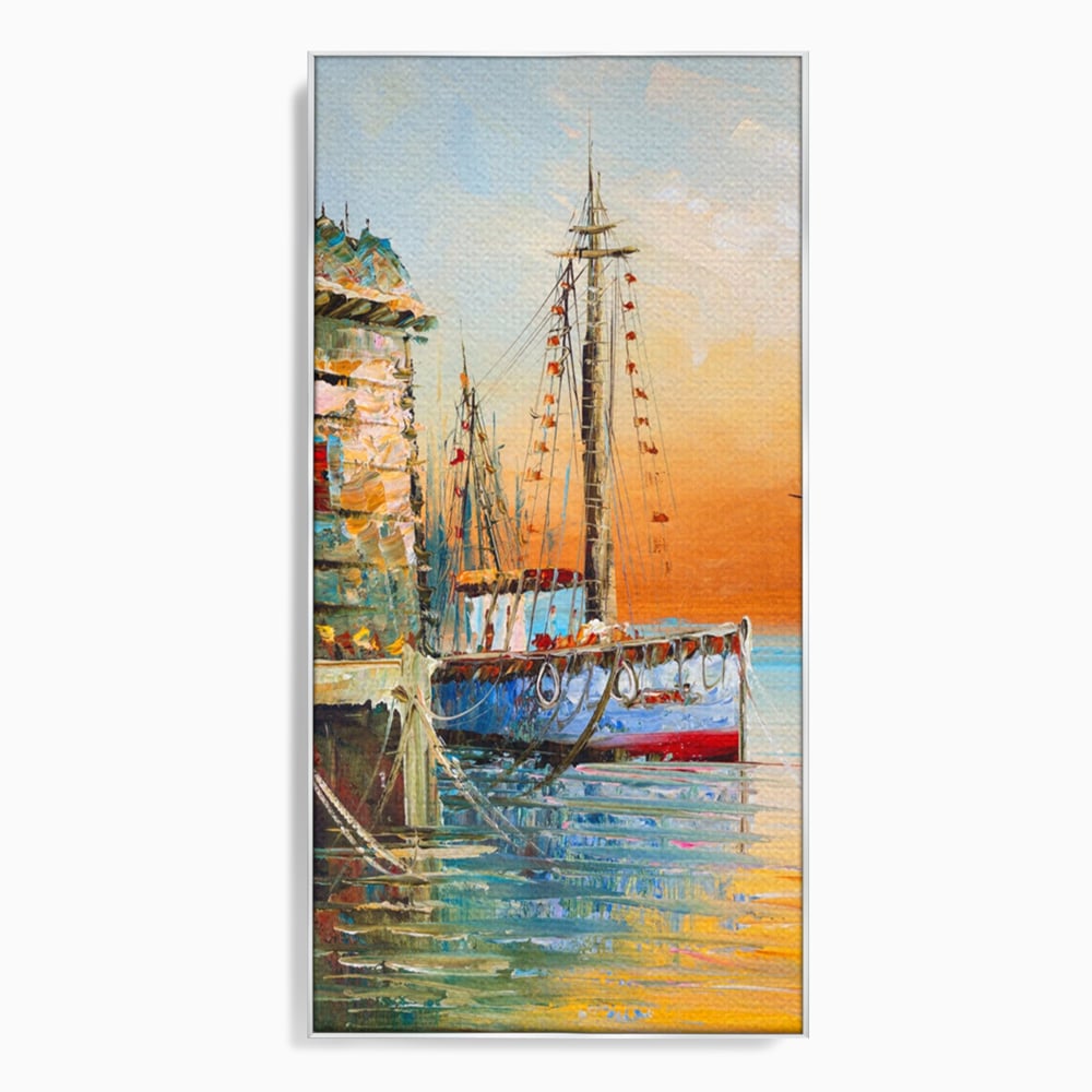 Tablou canvas cu pictura cu barci ancorate in port, in rama de aluminiu argintiu