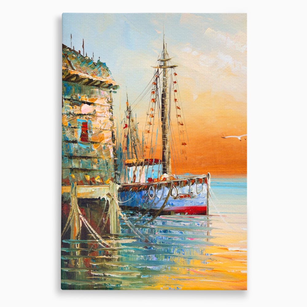 Tablou canvas cu pictura cu barci ancorate in port, fara rama, pe sasiu de lemn