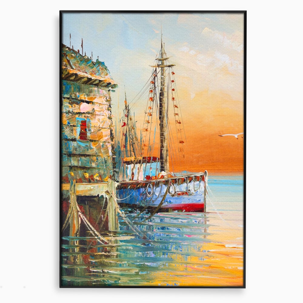 Tablou canvas cu pictura cu barci ancorate in port, in rama de aluminiu negru