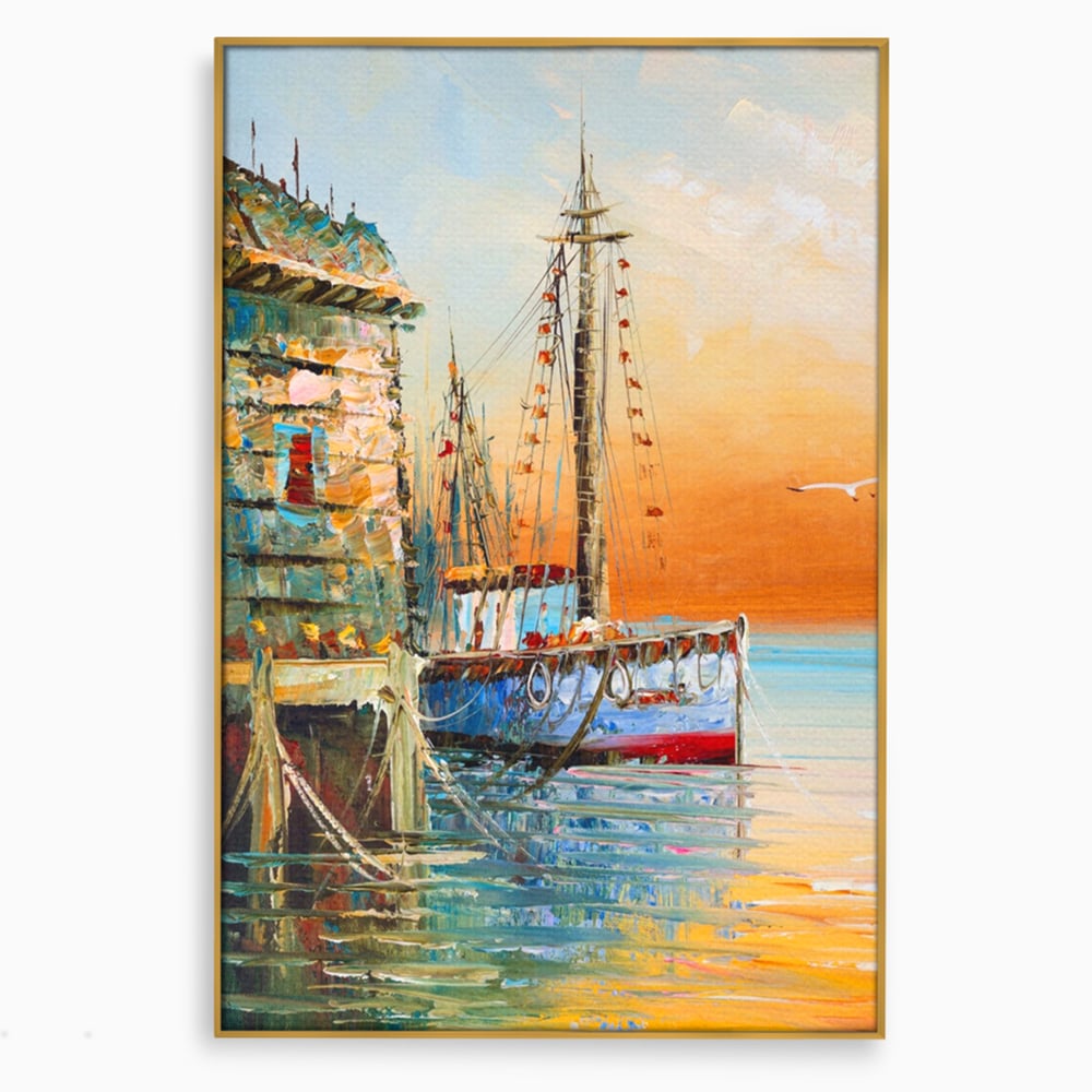 Tablou canvas cu pictura cu barci ancorate in port, in rama de aluminiu auriu