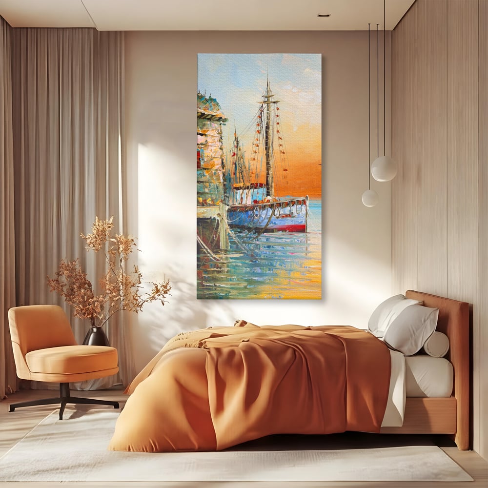 Tablou canvas cu pictura cu barci ancorate in port, fara rama, pe sasiu de lemn, pe perete intr-un dormitor