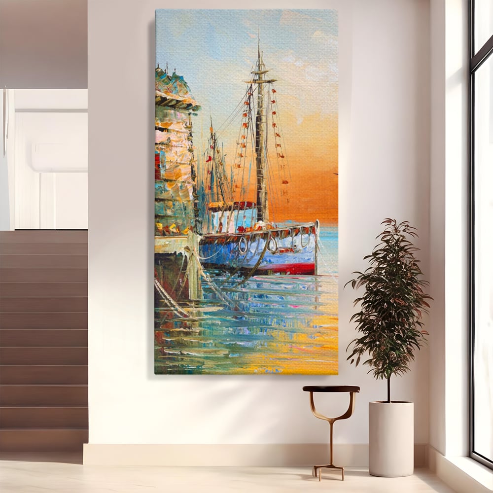 Tablou canvas cu pictura cu barci ancorate in port, fara rama, pe sasiu de lemn