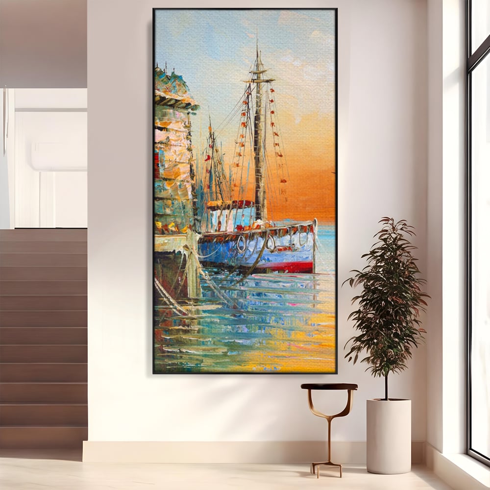 Tablou canvas cu pictura cu barci ancorate in port, in rama de aluminiu negru