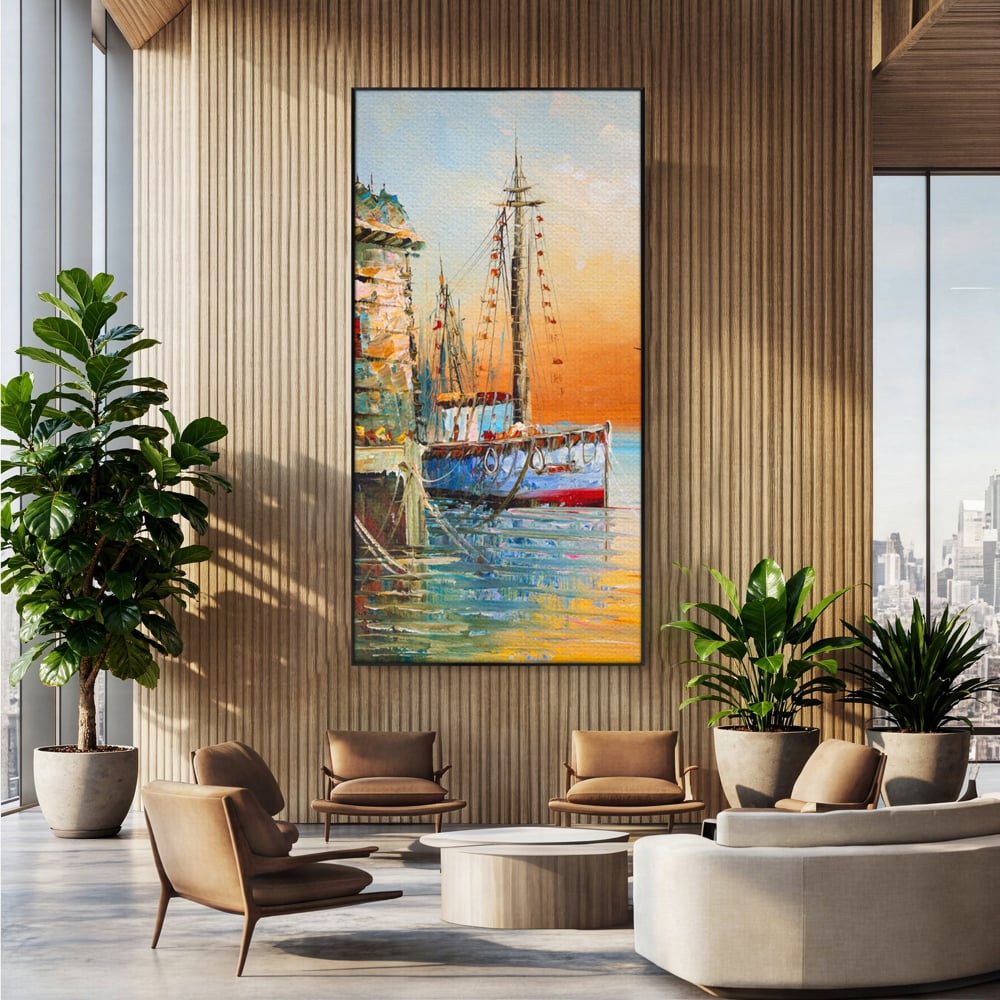 Tablou canvas cu pictura cu barci ancorate in port, in rama de aluminiu negru, pe perete intr-un birou