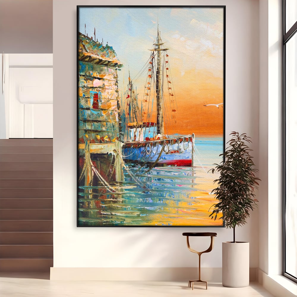 Tablou canvas cu pictura cu barci ancorate in port, in rama de aluminiu negru