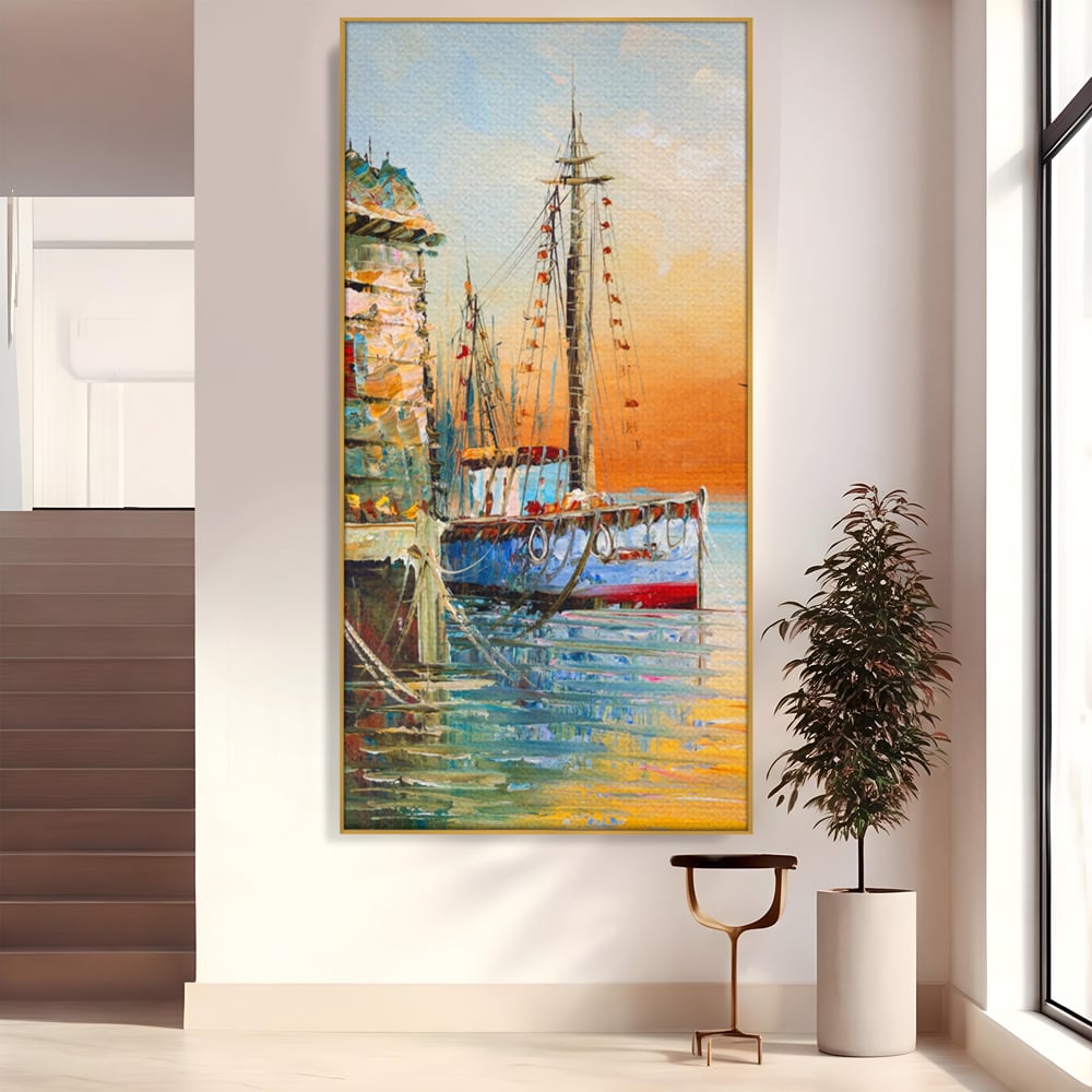 Tablou canvas cu pictura cu barci ancorate in port, in rama de aluminiu auriu