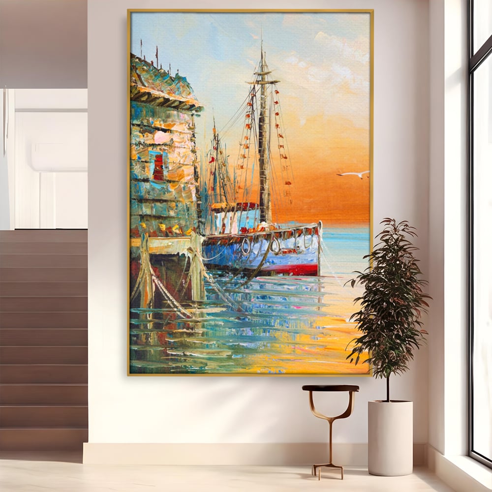 Tablou canvas cu pictura cu barci ancorate in port, in rama de aluminiu auriu