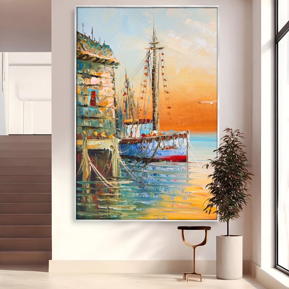Tablou canvas cu pictura cu barci ancorate in port, in rama de aluminiu argintiu