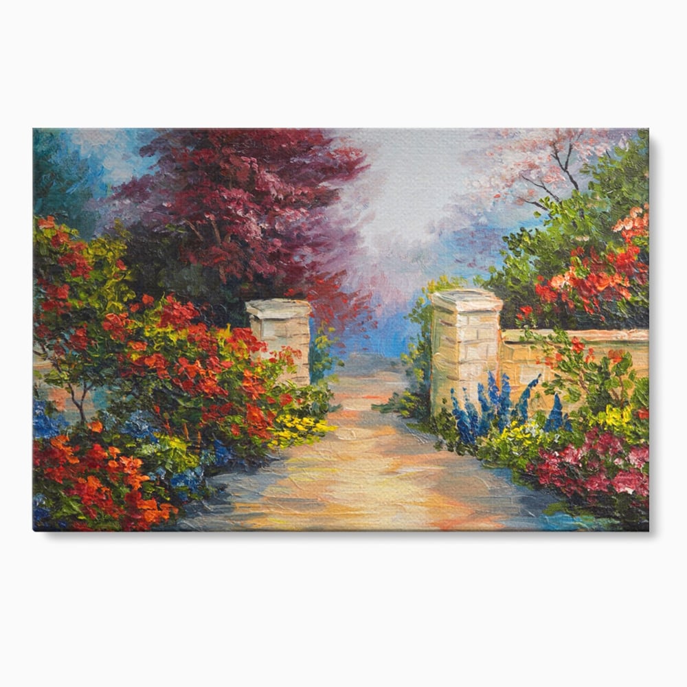 Tablou canvas cu pictura peisaj cu alee si flori, fara rama, pe sasiu de lemn