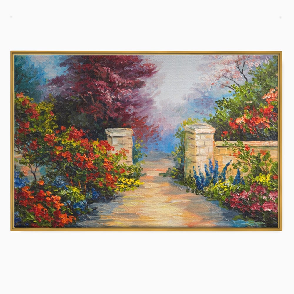 Tablou canvas cu pictura peisaj cu alee si flori, in rama de aluminiu auriu