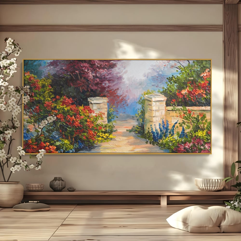 Tablou canvas cu pictura peisaj cu alee si flori, in rama de aluminiu auriu