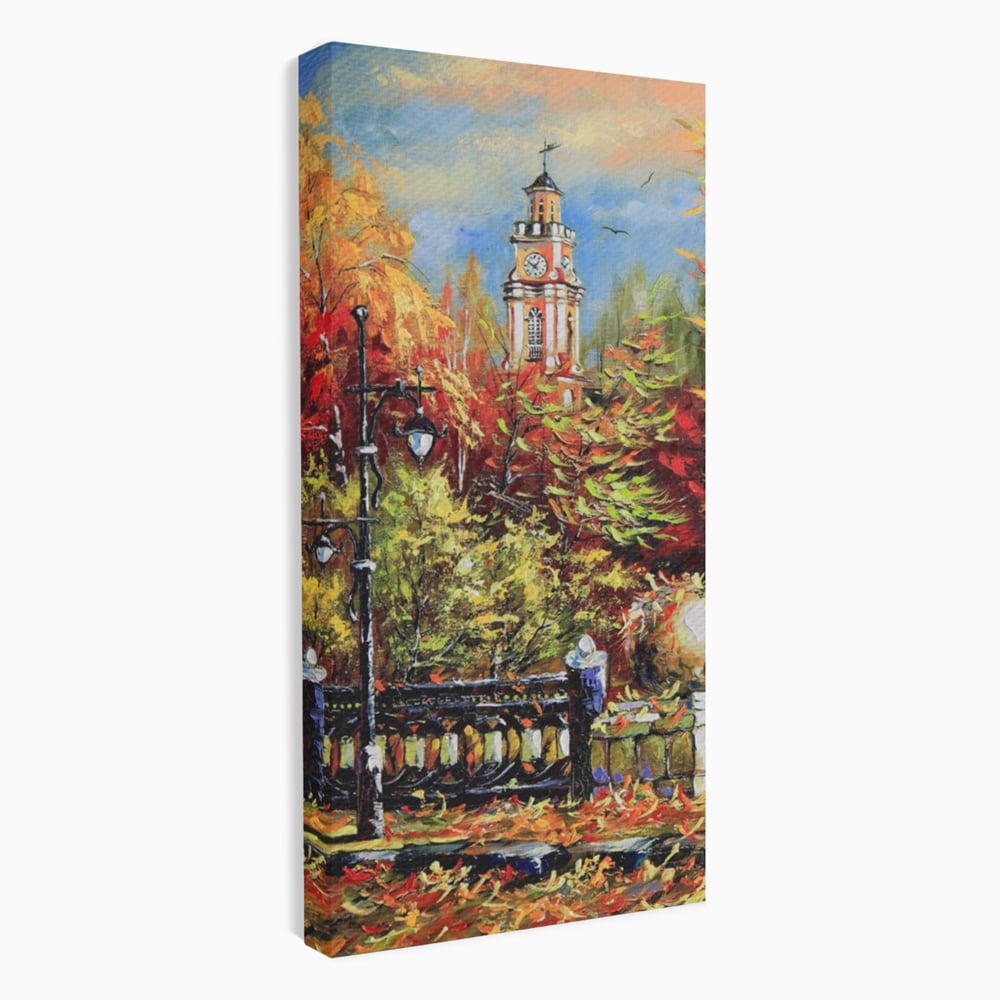 Tablou canvas cu pictura cu peisaj de toamna si turn cu ceas, fara rama, pe sasiu de lemn