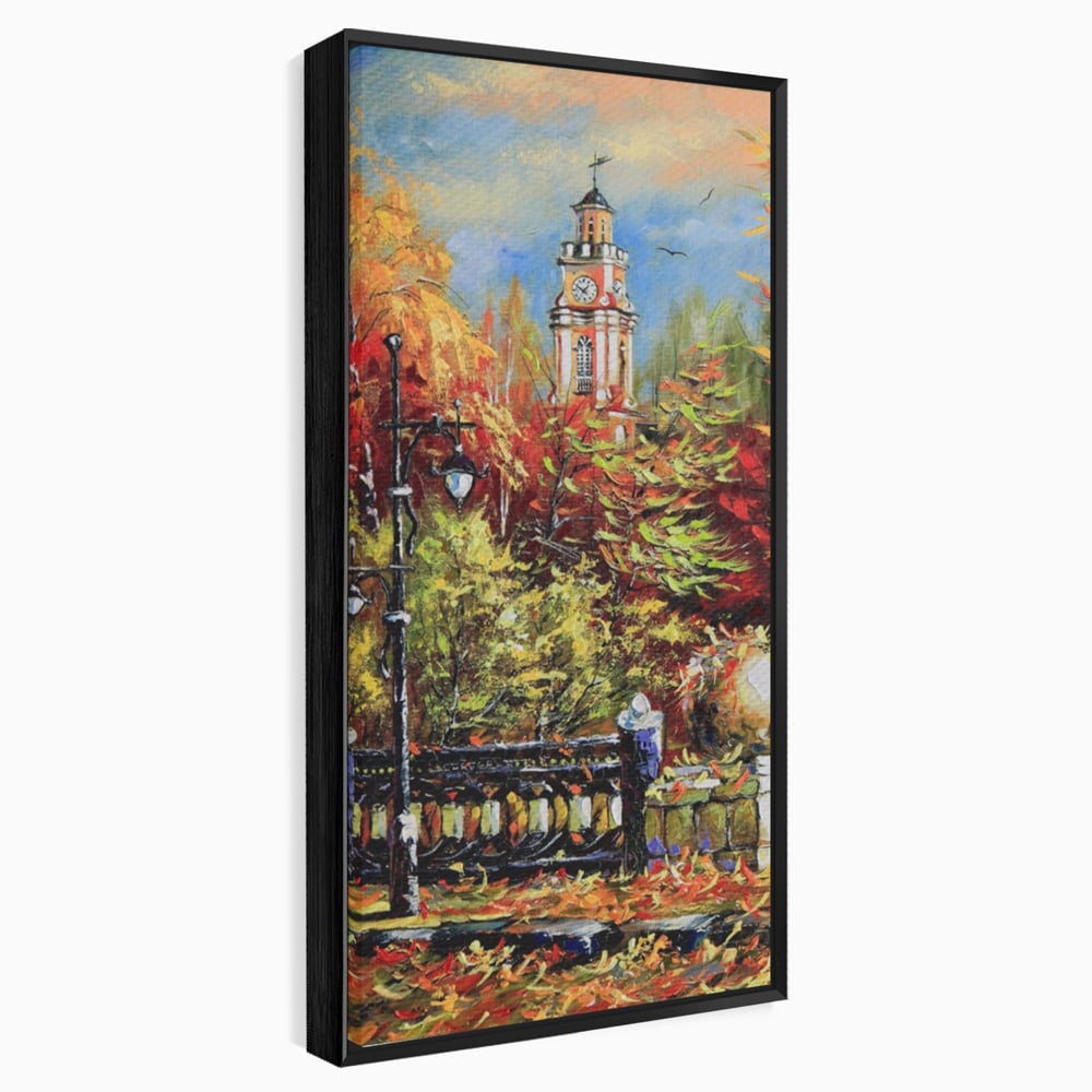 Tablou canvas cu pictura cu peisaj de toamna si turn cu ceas, in rama de aluminiu negru