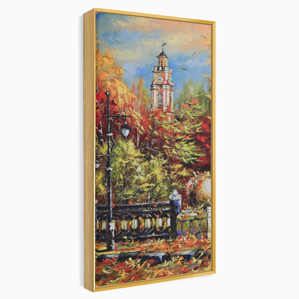Tablou canvas cu pictura cu peisaj de toamna si turn cu ceas, in rama de aluminiu auriu