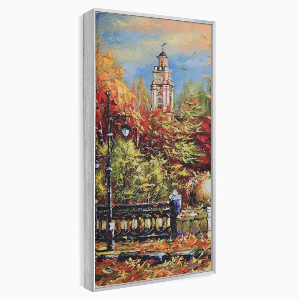 Tablou canvas cu pictura cu peisaj de toamna si turn cu ceas, in rama de aluminiu argintiu
