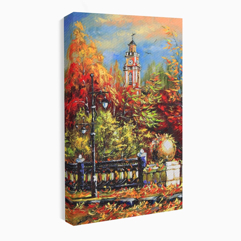 Tablou canvas cu pictura cu peisaj de toamna si turn cu ceas, fara rama, pe sasiu de lemn