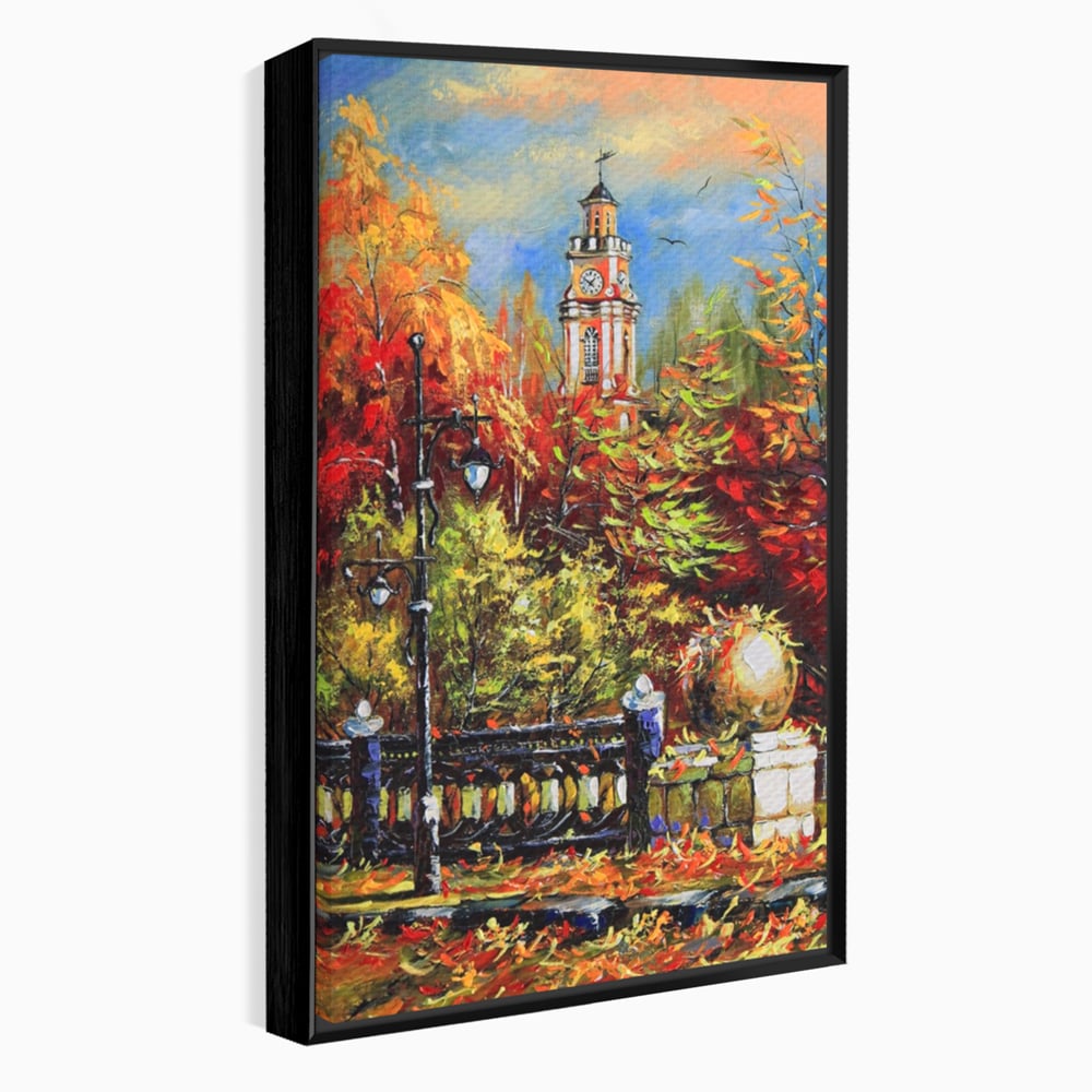 Tablou canvas cu pictura cu peisaj de toamna si turn cu ceas, in rama de aluminiu negru