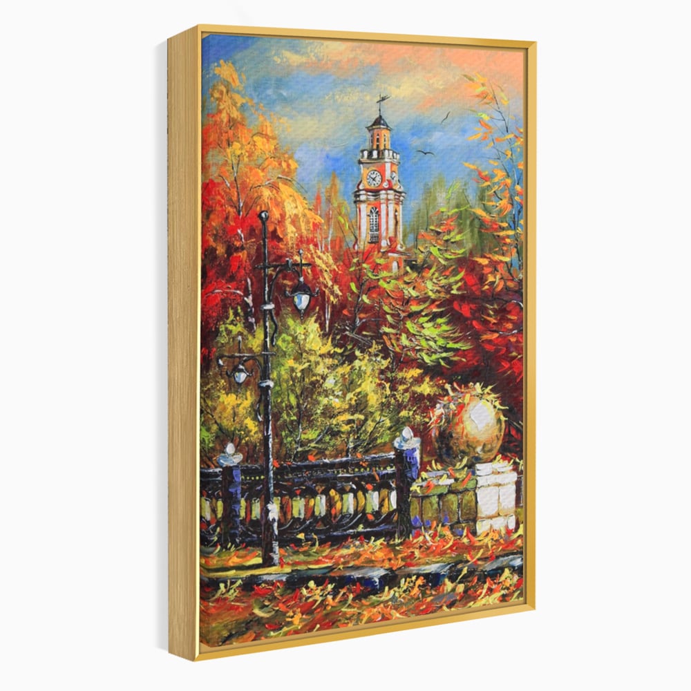 Tablou canvas cu pictura cu peisaj de toamna si turn cu ceas, in rama de aluminiu auriu