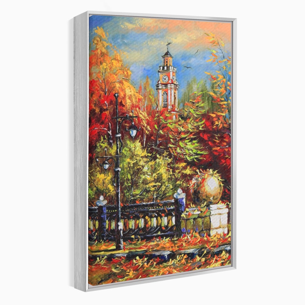 Tablou canvas cu pictura cu peisaj de toamna si turn cu ceas, in rama de aluminiu argintiu