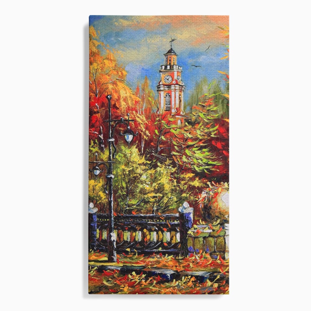 Tablou canvas cu pictura cu peisaj de toamna si turn cu ceas, fara rama, pe sasiu de lemn
