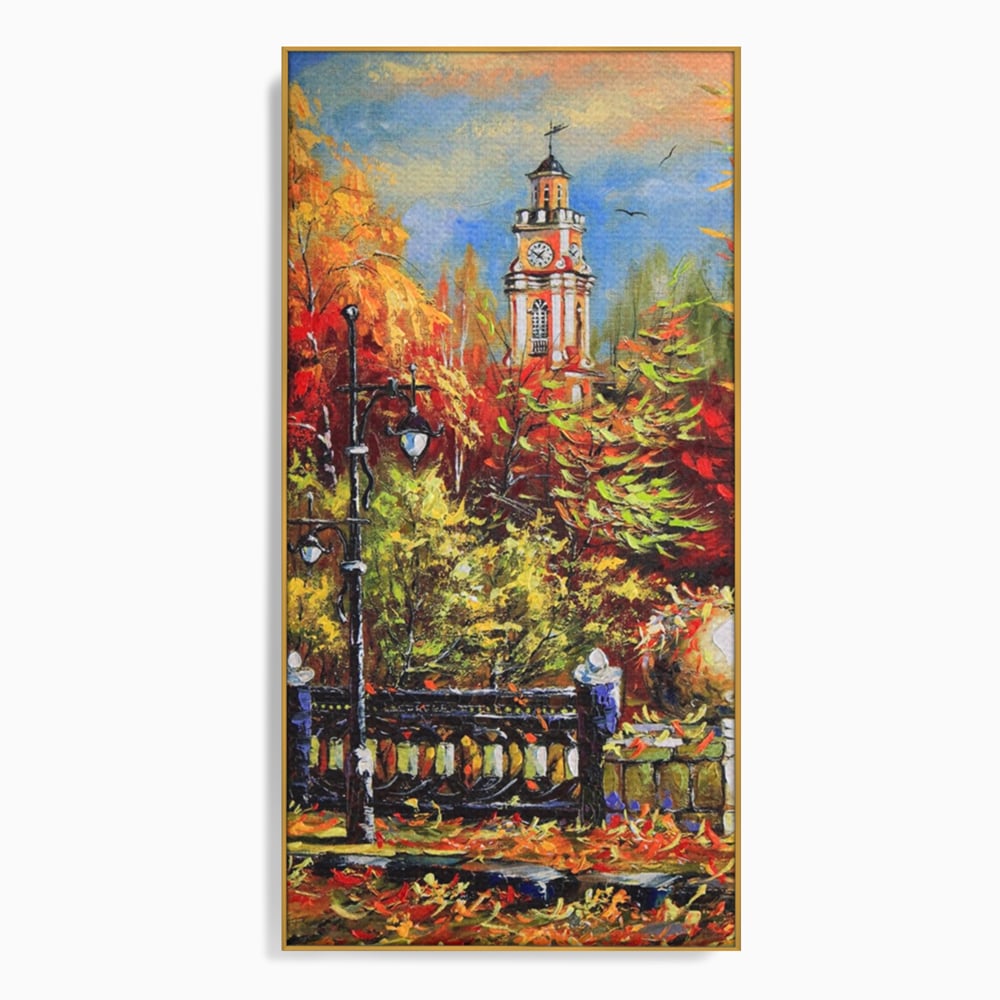 Tablou canvas cu pictura cu peisaj de toamna si turn cu ceas, in rama de aluminiu auriu
