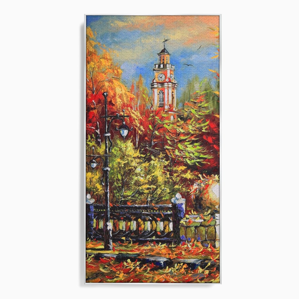 Tablou canvas cu pictura cu peisaj de toamna si turn cu ceas, in rama de aluminiu argintiu