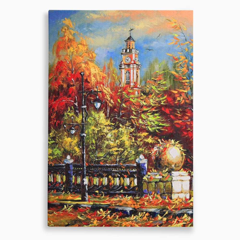 Tablou canvas cu pictura cu peisaj de toamna si turn cu ceas, fara rama, pe sasiu de lemn