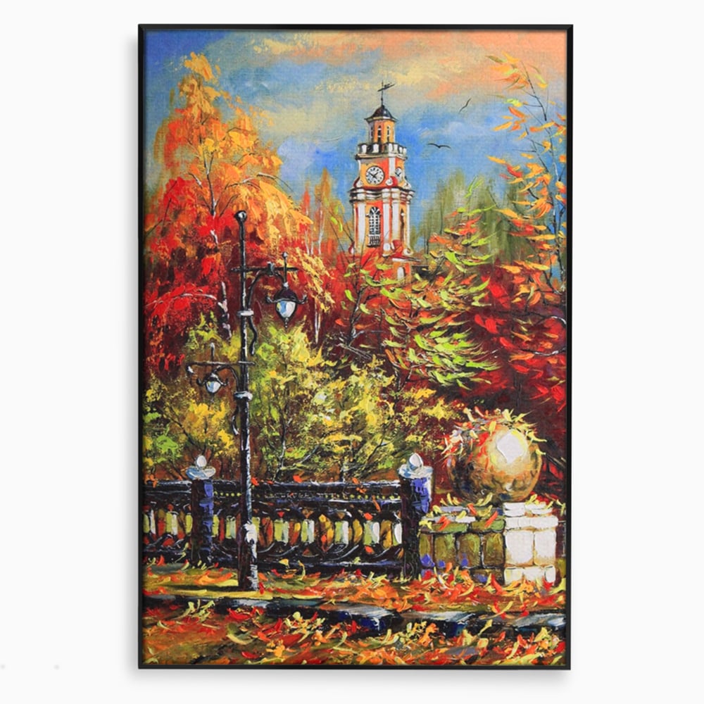 Tablou canvas cu pictura cu peisaj de toamna si turn cu ceas, in rama de aluminiu negru