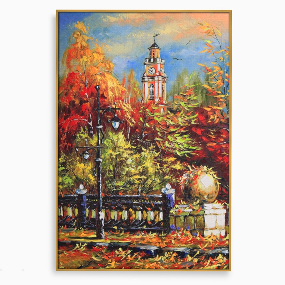 Tablou canvas cu pictura cu peisaj de toamna si turn cu ceas, in rama de aluminiu auriu