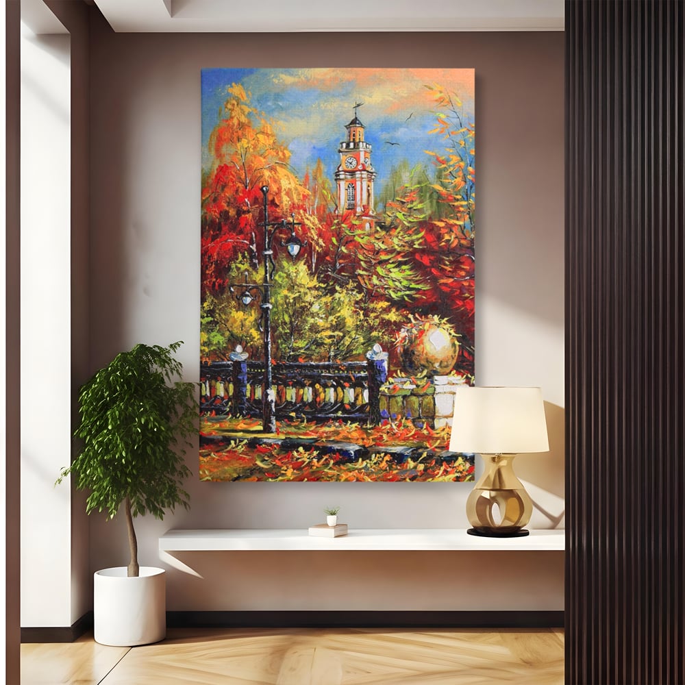Tablou canvas cu pictura cu peisaj de toamna si turn cu ceas, fara rama, pe sasiu de lemn