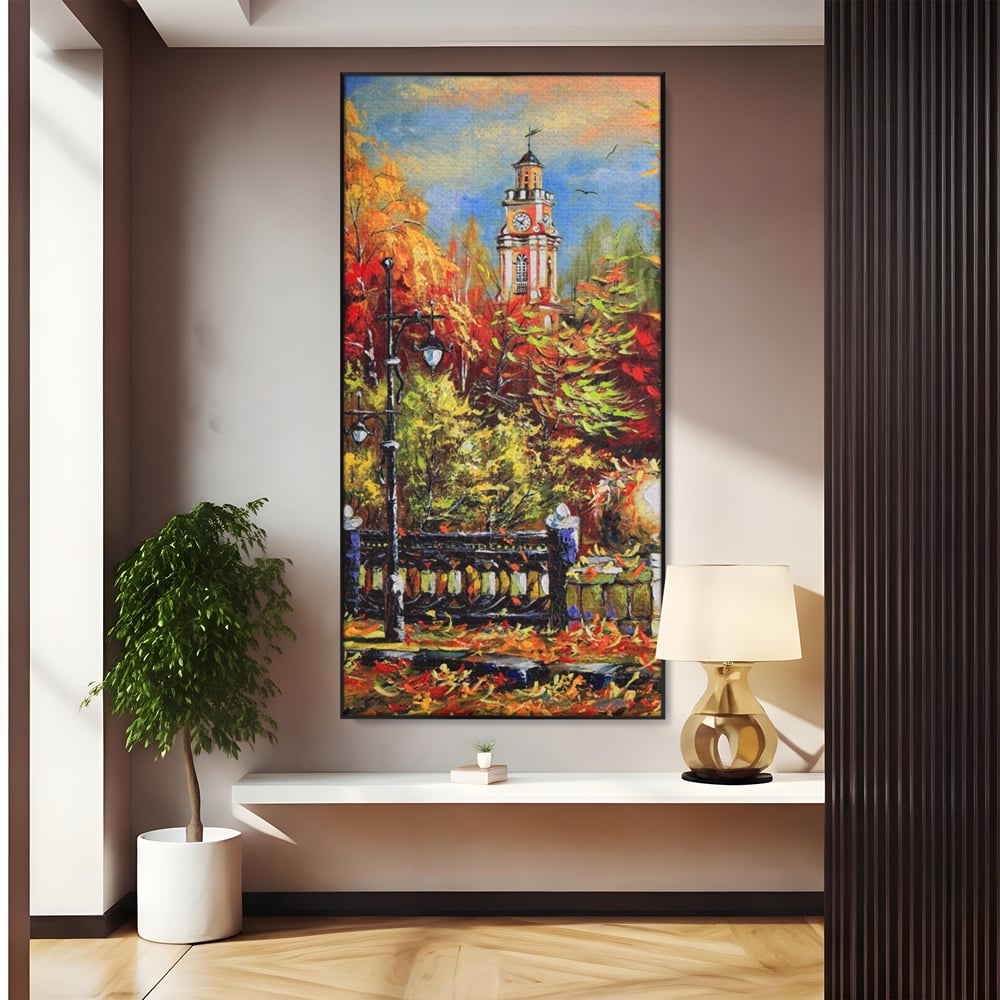 Tablou canvas cu pictura cu peisaj de toamna si turn cu ceas, in rama de aluminiu negru