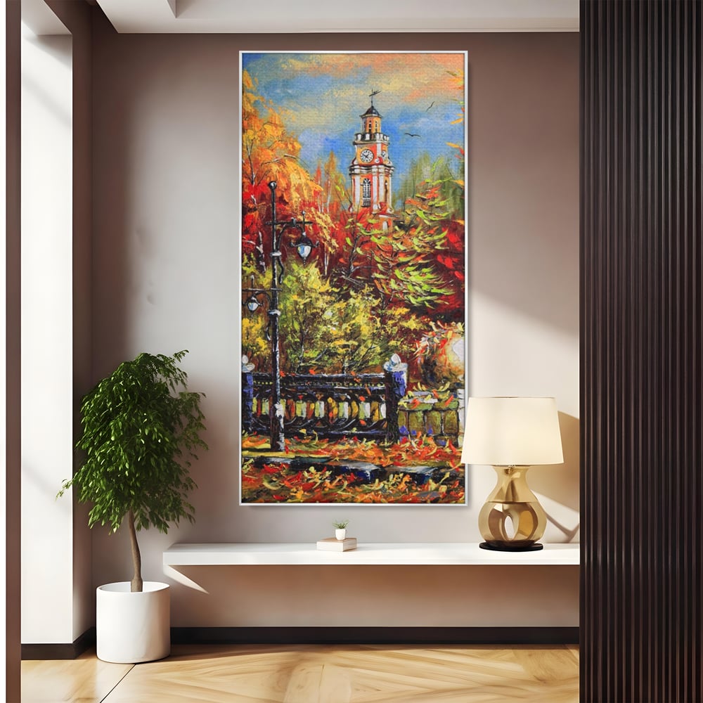 Tablou canvas cu pictura cu peisaj de toamna si turn cu ceas, in rama de aluminiu argintiu