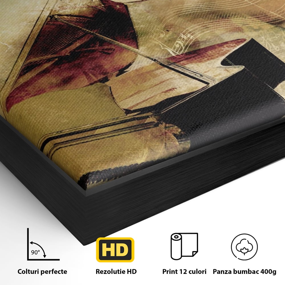 Detaliu al suprafetei: tablou canvas cu pian vechi si note muzicale, in rama de aluminiu negru