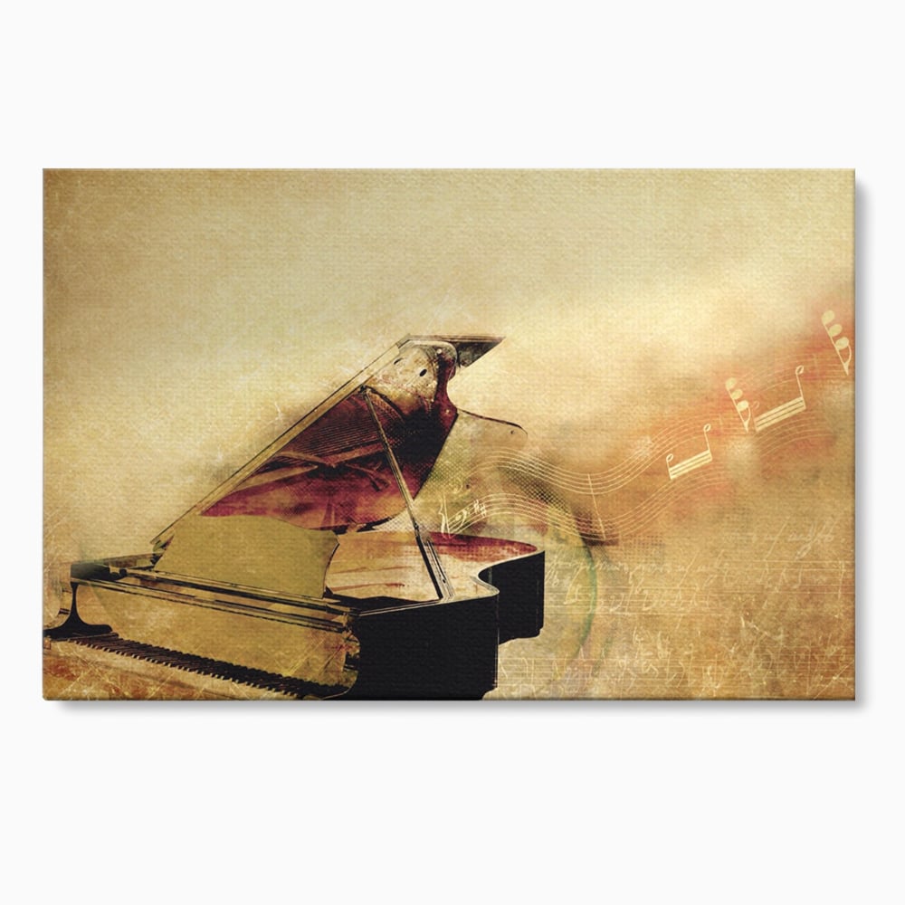 Tablou canvas cu tablou canvas cu pian vechi si note muzicale, fara rama, pe sasiu de lemn