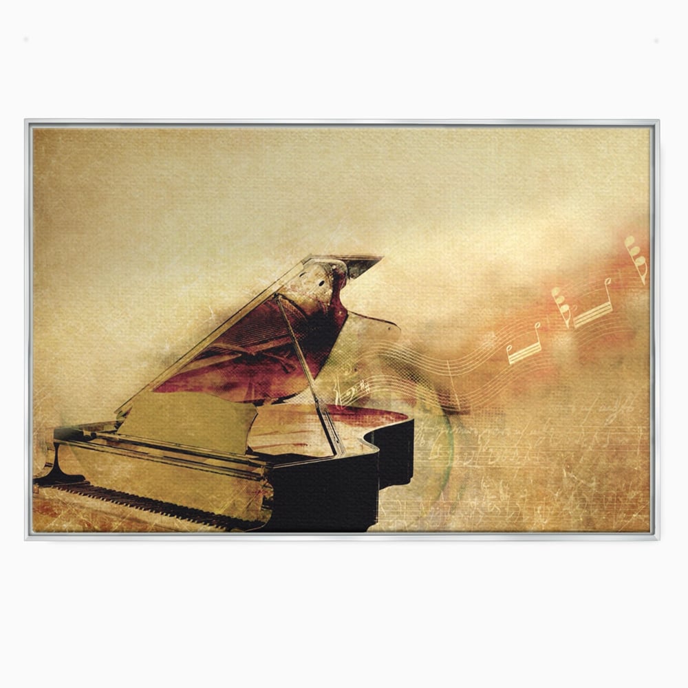 Tablou canvas cu tablou canvas cu pian vechi si note muzicale, in rama de aluminiu argintiu