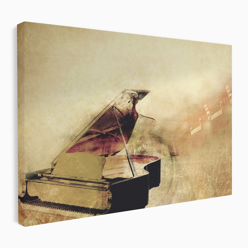 Tablou canvas cu tablou canvas cu pian vechi si note muzicale, fara rama, pe sasiu de lemn