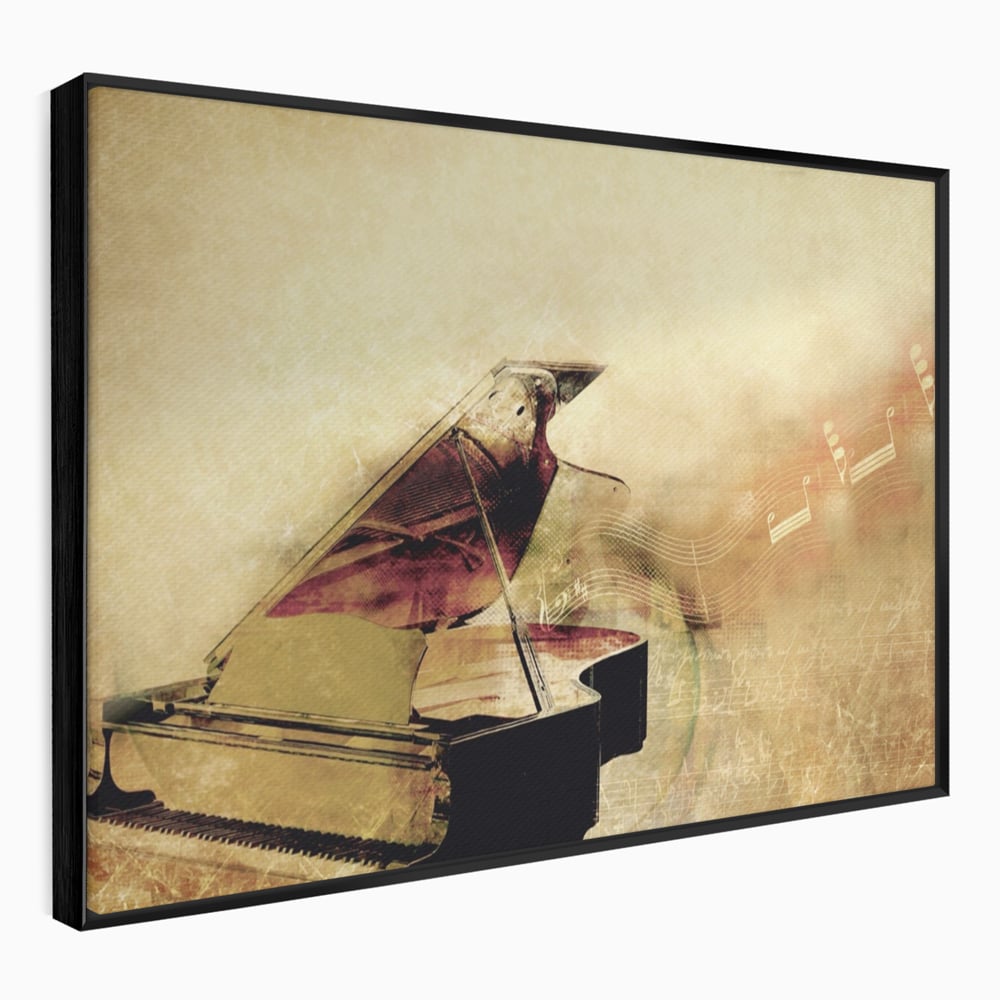 Tablou canvas cu tablou canvas cu pian vechi si note muzicale, in rama de aluminiu negru