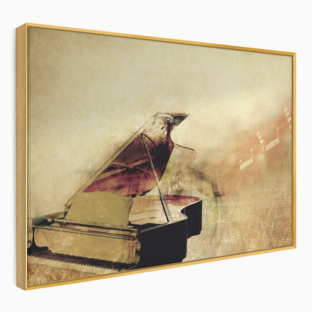 Tablou canvas cu tablou canvas cu pian vechi si note muzicale, in rama de aluminiu auriu