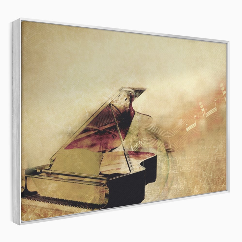 Tablou canvas cu tablou canvas cu pian vechi si note muzicale, in rama de aluminiu argintiu