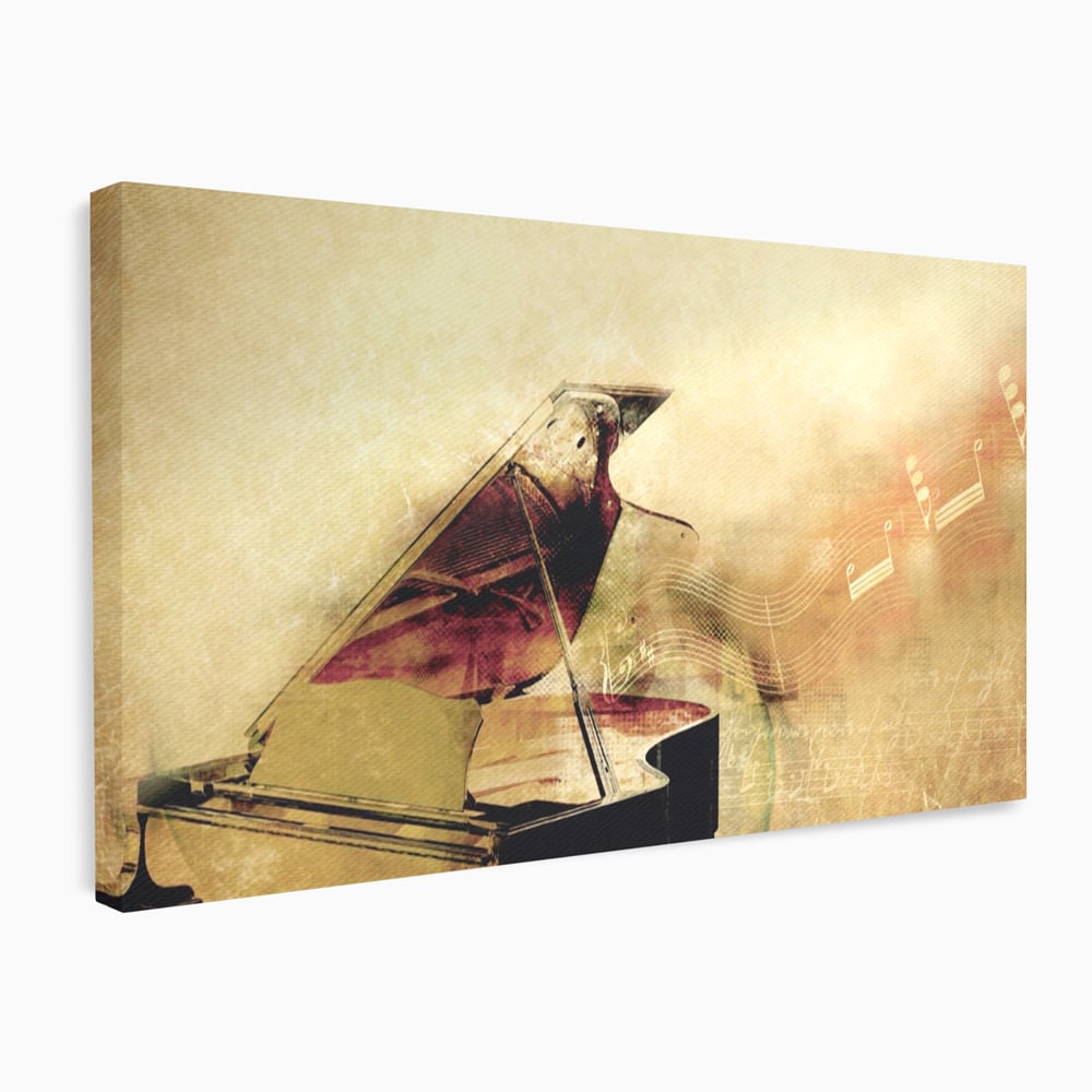 Tablou canvas cu tablou canvas cu pian vechi si note muzicale, fara rama, pe sasiu de lemn