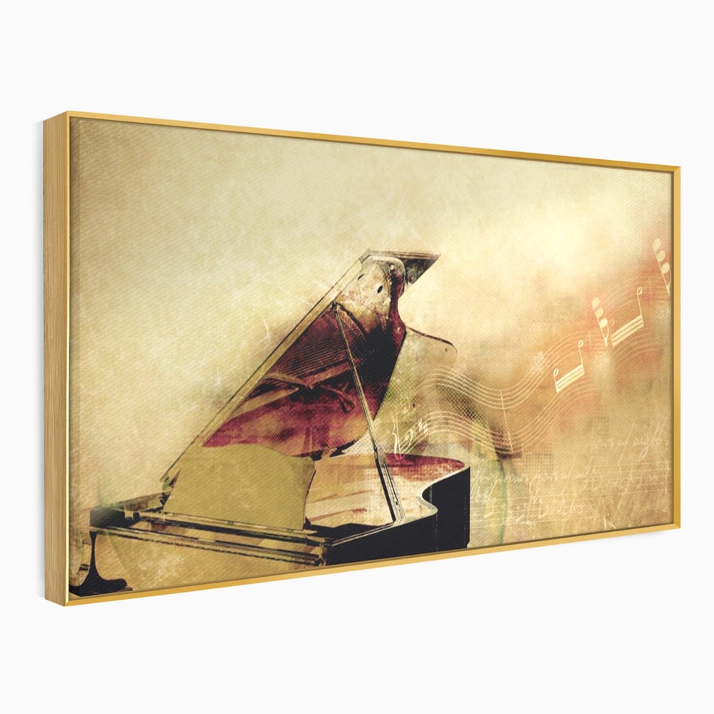 Tablou canvas cu tablou canvas cu pian vechi si note muzicale, in rama de aluminiu auriu