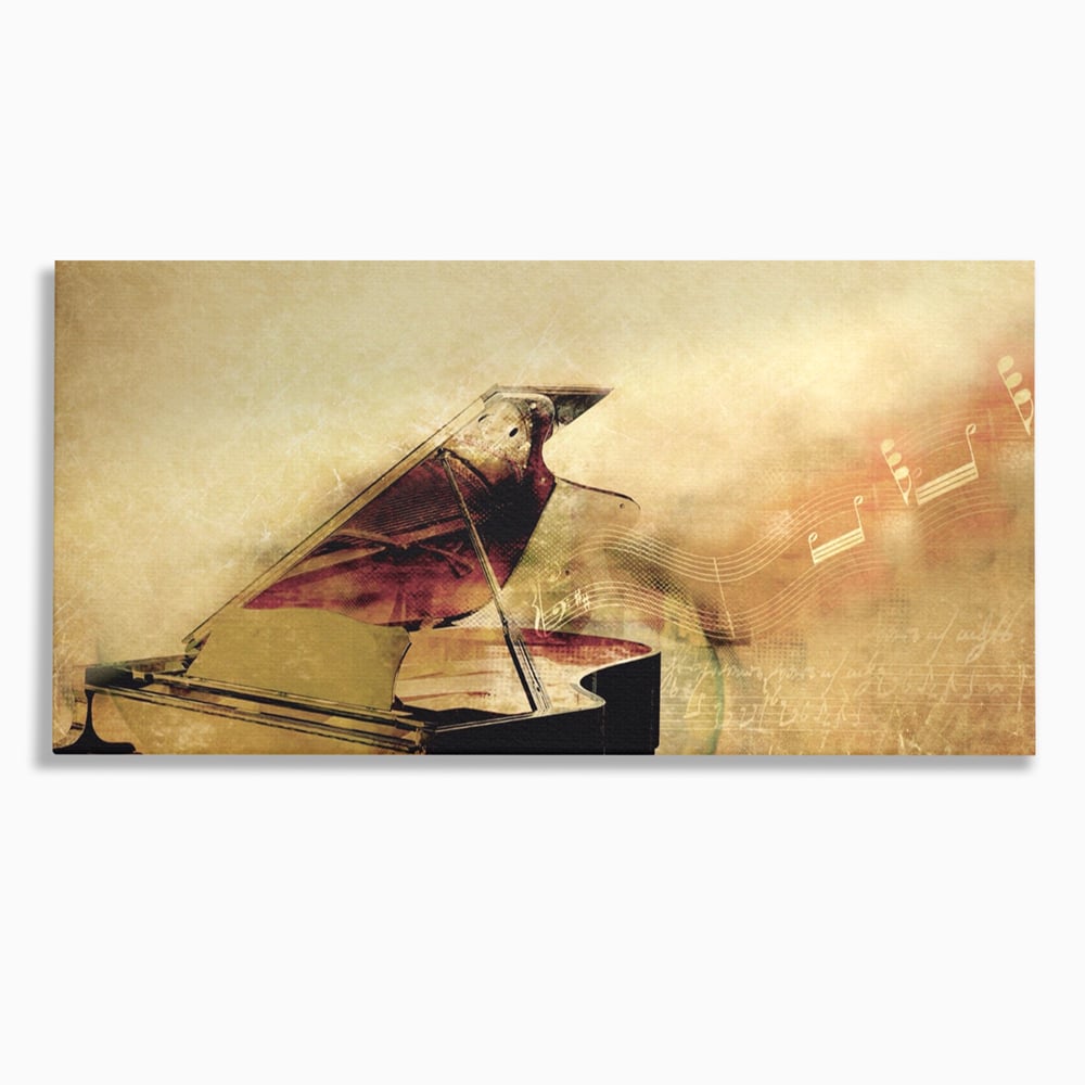 Tablou canvas cu tablou canvas cu pian vechi si note muzicale, fara rama, pe sasiu de lemn