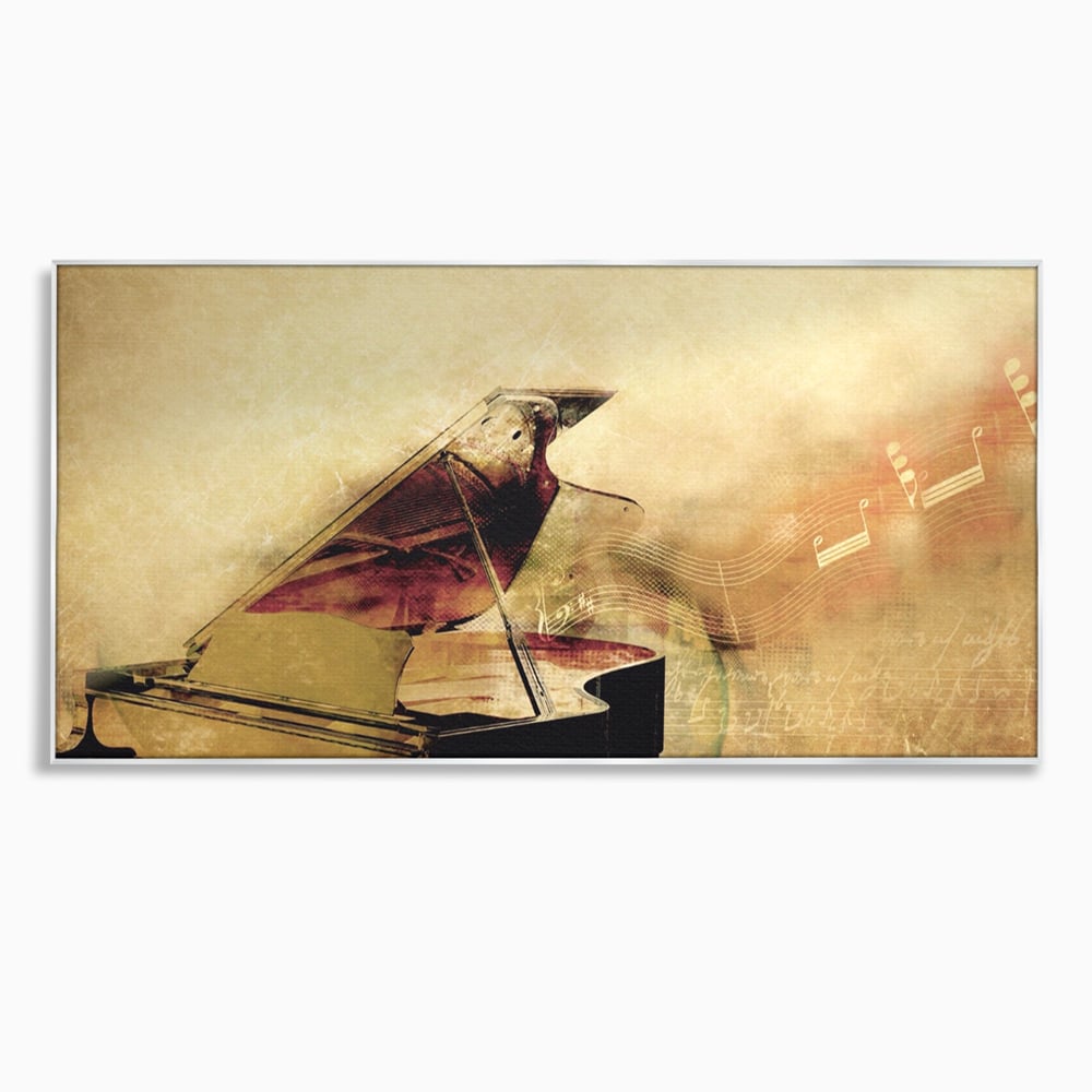 Tablou canvas cu tablou canvas cu pian vechi si note muzicale, in rama de aluminiu argintiu