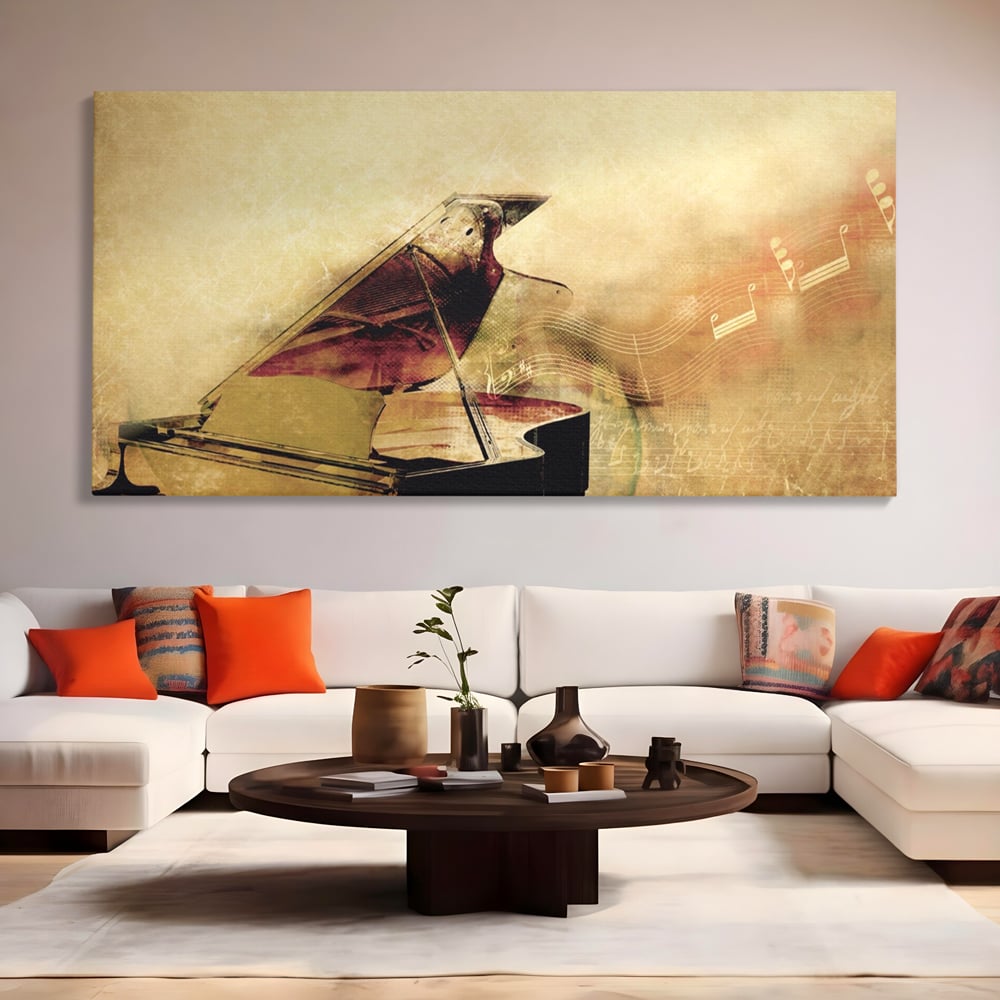 Tablou canvas cu tablou canvas cu pian vechi si note muzicale, fara rama, pe sasiu de lemn, pe perete intr-un living